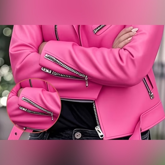 Women's Pink Moto Jacket - Stylish Biker Coat - Picture 5 of 6
